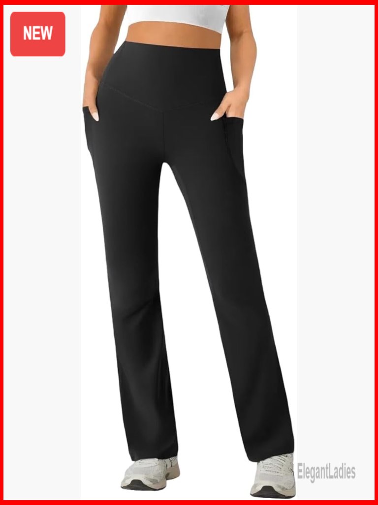 High Waist Yoga Pants With Side Pockets Stretchy Straight Leg Pull On